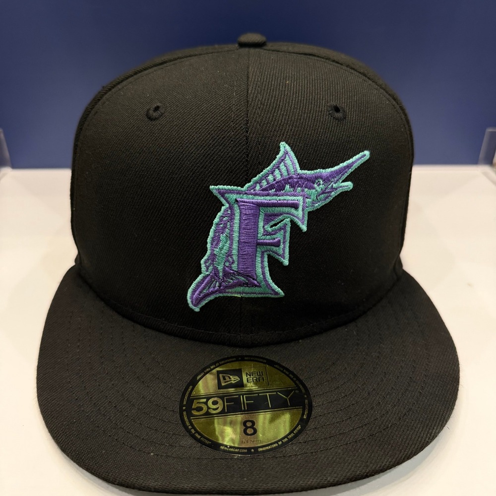 Florida Marlins World Series Fitted Hat Size 8 New Era 59FIFTY Black Purple Teal